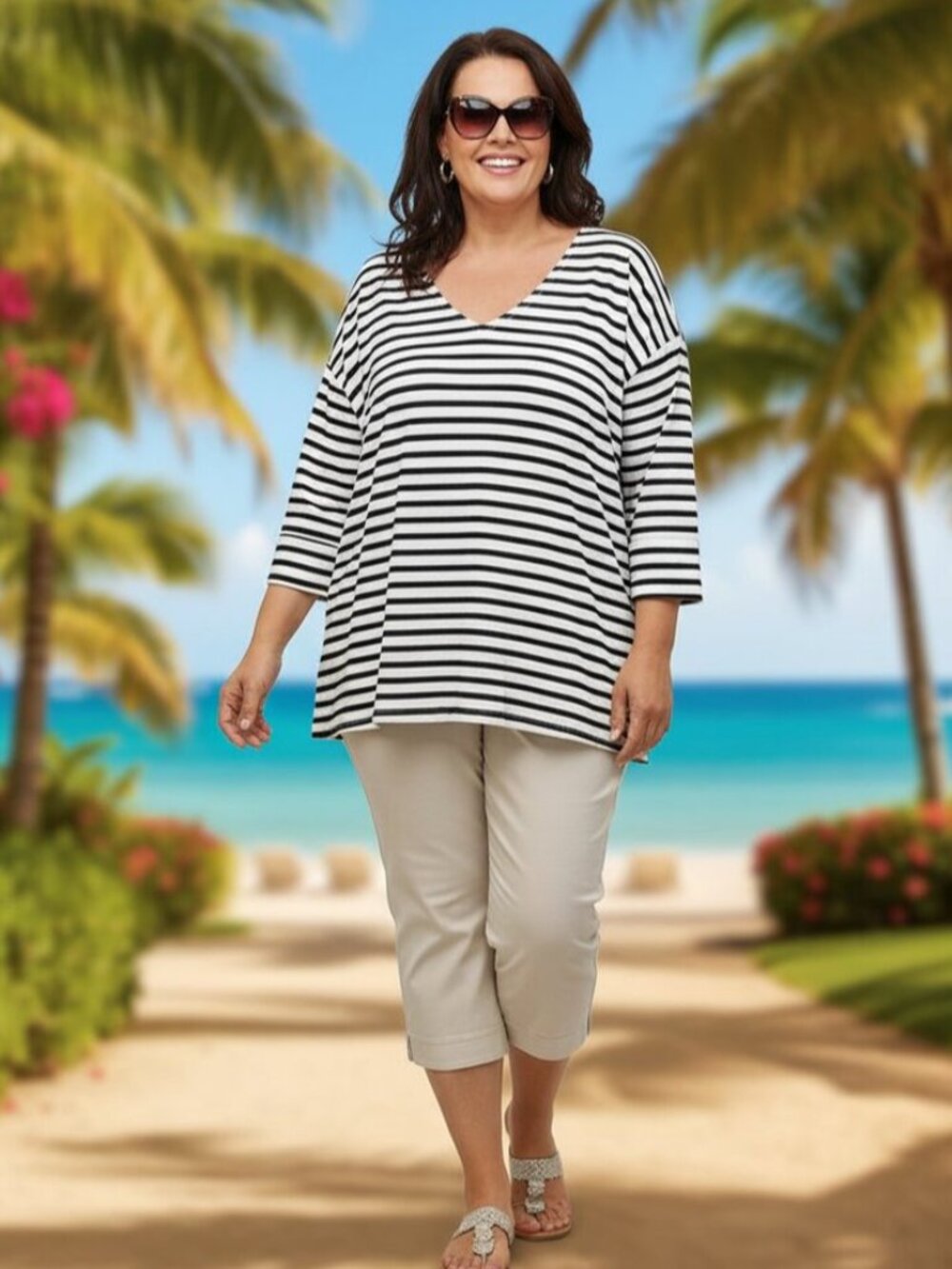 Chicos Stripe Cuff Sleeve Top Size XL 3 White Black Cotton Modal New Tag